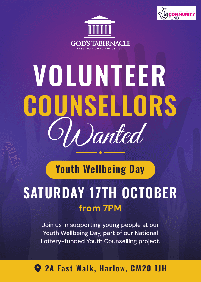 Flyer: Volunteer Counsellors Wanted, Youth Wellbeing Day, Saturday 17th October from 7pm, 2A East Walk, Harlow