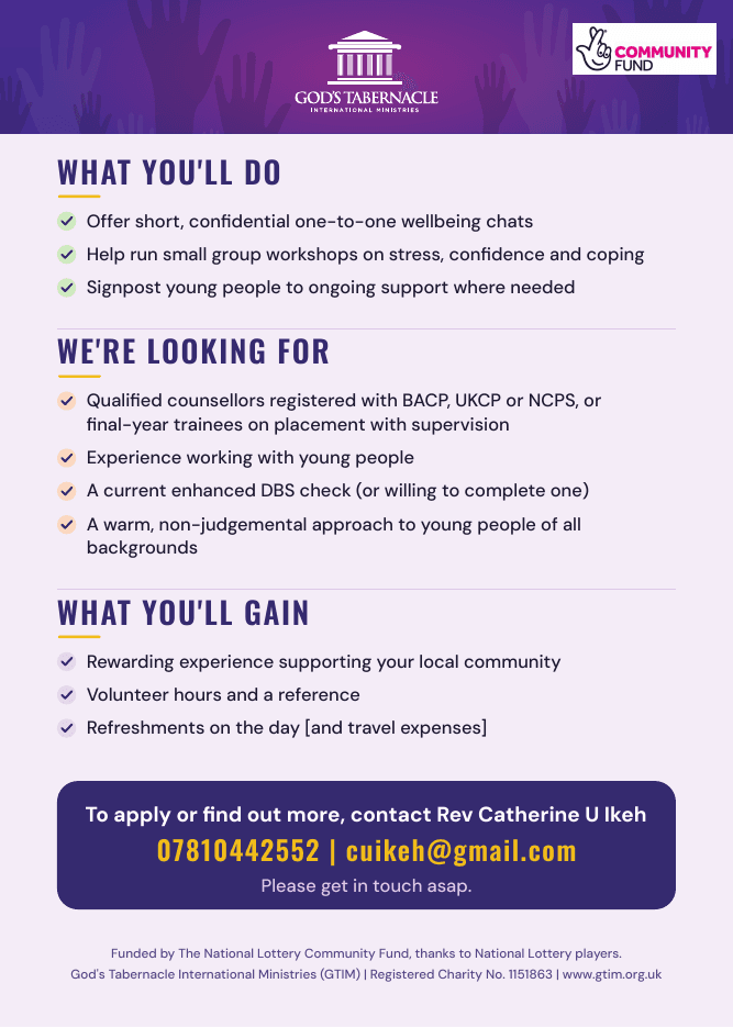Flyer: what volunteer counsellors will do, who we are looking for, and what you will gain